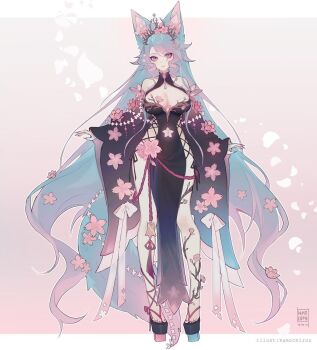 1girl absurdly_long_hair animal_ear_fluff animal_ears arms_at_sides asymmetrical_sleeves bare_shoulders black_dress black_ribbon black_sandals black_sleeves blue_hair blue_tail bow breasts cherry_blossom_print cherry_blossoms cleavage cleavage_cutout closed_mouth clothing_cutout commentary commission cross-laced_clothes cross-laced_dress curly_sidelocks detached_sleeves dress english_commentary floral_print floral_print_dress flower fox_ears fox_girl fox_tail full_body gradient_background gradient_clothes gradient_dress gradient_hair gradient_sleeves gradient_tail grey_background hair_flaps indie_virtual_youtuber kamochiru large_breasts letterboxed long_hair long_sleeves looking_to_the_side mismatched_sleeves multicolored_hair nail_polish navel navel_cutout official_art outline outside_border petals pigeon-toed pink_background pink_flower pink_hair pink_nails pink_sleeves pink_tail platform_sandals print_dress ribbon sandals signature silvervale silvervale_(sakura_goddess) simple_background sleeve_bow sleeveless sleeveless_dress sleeves_past_wrists smile solo standing tail tiara toenail_polish toenails two-sided_sleeves very_long_hair virtual_youtuber white_bow white_outline wide_sleeves