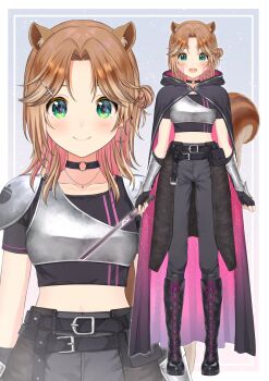 1girl :d animal_ears armor ayunda_risu ayunda_risu_(dark_side) belt belt_pouch black_belt black_boots black_pants black_shirt boots bracer breastplate brown_hair choker cloak closed_mouth colored_inner_hair commentary_request cropped_shirt cross cross_earrings curtained_hair earrings energy_sword extra_ears facepaint fingerless_gloves gloves green_eyes hair_bun hair_ornament hairclip highres holding holding_sword holding_weapon hololive hololive_indonesia jewelry knee_boots lace-up_boots lightsaber looking_at_viewer medium_hair midriff multicolored_hair necklace o-ring o-ring_choker official_art open_mouth pants pauldrons pink_hair pouch shirt shoulder_armor side_up_bun single_earring single_hair_bun smile squirrel_ears squirrel_girl squirrel_tail streaked_hair sword t-shirt tail variations virtual_youtuber weapon yatomi