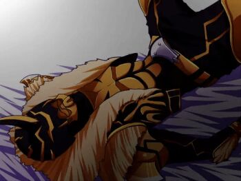 Rule 34 | 1boy, abs, armor, axe blade, bad id, bad pixiv id, bear, bed, belt, black armor, dark lightning, fur vest, kamen rider, kamen rider den-o (series), kintaros, legs up, lying, male focus, monster, monster boy, muscular, muscular male, on back, on bed, vest, yellow armor, yellow eyes