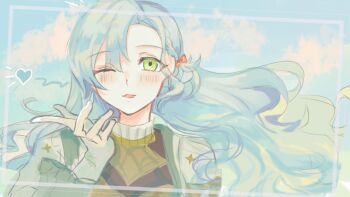 1girl alternate_costume aqua_hair bow braid chloe_(fire_emblem) commentary_request earrings fire_emblem fire_emblem_engage green_eyes jewelry looking_at_viewer ma-wata nintendo orange_bow side_braid solo teardrop_earrings