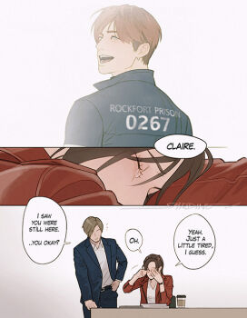 1girl 2boys blue_eyes brown_hair claire_redfield coffee commentary crying cup desk disposable_coffee_cup disposable_cup dreaming earrings english_commentary english_text exhausted female_pov hair_over_one_eye imagining jacket jewelry leather leather_jacket leon_s._kennedy looking_at_viewer looking_back multiple_boys open_mouth pale_skin pov red_hair red_jacket resident_evil resident_evil:_infinite_darkness resident_evil:_the_darkside_chronicles resident_evil_-_code:_veronica sardine_(kjr0313) sleeping sleepy smile speech_bubble steve_burnside teardrop tearing_up tears watch wristwatch