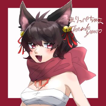 1girl animal_ears bell blush breasts brown_hair chest_sarashi cleavage commentary_request cross_of_prontera fang fox_ears fox_girl hair_bell hair_ornament hair_ribbon highres jingle_bell looking_at_viewer mero_(romechhn) open_mouth ragnarok_online red_background red_eyes red_ribbon red_scarf ribbon sarashi scarf short_hair smile solo sura_(ragnarok_online) two-tone_background upper_body white_background