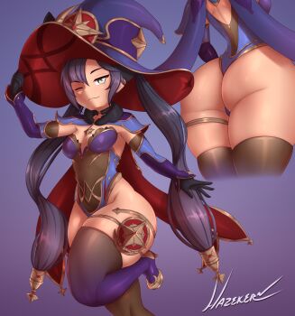 1girl adapted_costume artist_name ass black_hair blue_background breasts cape detached_sleeves genshin_impact gloves gold gradient_background gradient_clothes grey_eyes hat hazzeker high_heels huge_ass large_breasts mona_(genshin_impact) one_eye_closed one_leg_raised purple_background smile thighhighs witch_hat