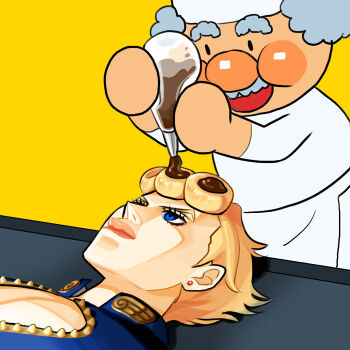 2boys anpanman biafura blonde_hair blue_eyes chef chocolate facial_hair giorno_giovanna grey_hair jojo_no_kimyou_na_bouken lying multiple_boys mustache old old_man on_back open_mouth smile vento_aureo what