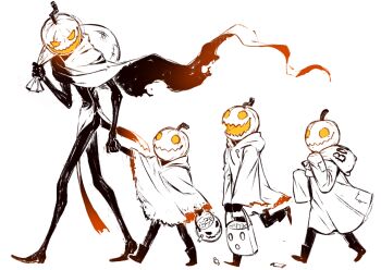 4others bag cloak coat full_body holding holding_bag jack-o&#039;-lantern kadabura limited_palette multiple_others original parent_and_child plant_person skinny trick-or-treating walking white_background