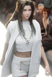 1girl 3d absurdres aerith_gainsborough alternate_costume blurry blurry_background brown_hair cardigan catwalk chanel final_fantasy final_fantasy_vii final_fantasy_vii_remake green_eyes highres jewelry long_hair bad_tag necklace parted_bangs reno_(ff7) rude_(ff7) runway shirt short_sleeves shorts sidelocks silverelitist solo_focus square_enix upper_body walking white_cardigan white_shirt white_shorts
