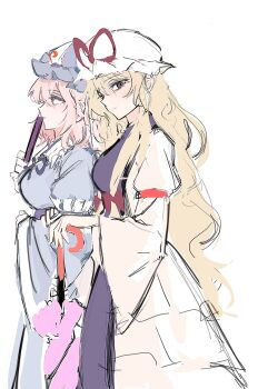 Rule 34 | 2girls, blonde hair, blue kimono, closed mouth, closed umbrella, commentary request, dress, expressionless, fan to mouth, folded fan, folding fan, frills, from side, hair ribbon, hand fan, hat, highres, holding, holding fan, holding umbrella, japanese clothes, kimono, long hair, long sleeves, looking at viewer, looking to the side, medium hair, mob cap, multiple girls, onigiri 222x714, pink eyes, pink hair, purple eyes, purple tabard, ribbon, saigyouji yuyuko, sketch, tabard, touhou, triangular headpiece, umbrella, very long hair, white background, white dress, yakumo yukari