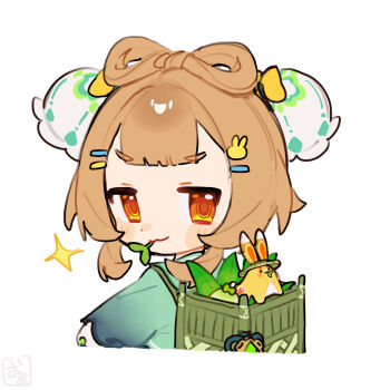 1girl :3 aqua_dress backpack_basket blunt_bangs blush bow-shaped_hair brown_eyes brown_hair chinese_clothes closed_mouth commentary_request double-parted_bangs dress flower genshin_impact hair_flower hair_ornament hairclip highres leaf looking_at_viewer looking_back medium_hair mouth_hold official_alternate_costume oooma_155 rabbit_hair_ornament radish short_eyebrows sidelocks simple_background smile solo stalk_in_mouth upper_body v-shaped_eyebrows white_background white_flower yaoyao_(genshin_impact) yaoyao_(rainlit_bamboo_reverie)_(genshin_impact)