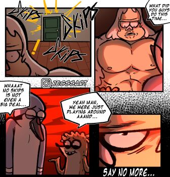 ! 3boys artist_name bare_shoulders bird_boy english_text furry gorilla highres jegssart male_focus mordecai_(regular_show) multiple_boys open_mouth raccoon raccoon_boy regular_show rigby skips smile speech_bubble teeth