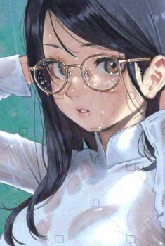 1girl adversarial_noise ao_dai arms_behind_head black_hair breasts glasses large_breasts long_hair looking_at_viewer nanja original parted_lips pink_lips portrait red-framed_eyewear red_eyes sidelocks solo teeth thick_eyebrows upper_teeth_only vietnamese_clothes wet wet_clothes