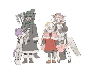 2boys 2girls :< animal_ears arms_up barefoot basilio_(metaphor:_refantazio) black_scarf blonde_hair blue_eyes blush blush_stickers boots brothers brown_boots capelet cat_boy cat_ears cat_tail coat dark-skinned_male dark_skin eye_contact fidelio_(metaphor:_refantazio) flying_sweatdrops fur-trimmed_boots fur-trimmed_capelet fur-trimmed_coat fur-trimmed_sleeves fur_trim gradient_hair grey_coat hairband junah_(metaphor:_refantazio) long_hair long_sleeves looking_at_another looking_back metal_hairband metaphor:_refantazio multicolored_hair multiple_boys multiple_girls open_mouth pants pink_capelet pink_hair purple_hair red_coat red_eyes rella_(metaphor:_refantazio) scarf siblings sisters sleeve_cuffs smile standing tail tiptoes umainaotofu very_long_hair white_background white_wings wings winter_clothes wolf_boy wolf_ears wolf_tail