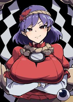 1girl arms_under_breasts blue_pupils breasts commentary_request hair_ornament highres large_breasts layered_shirt leaf leaf_hair_ornament looking_at_viewer maki-kun maple_leaf medium_hair mirror moriya_suwako purple_hair red_eyes red_shirt rope shimenawa shirt smug solo touhou white_shirt yasaka_kanako