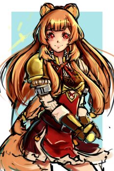 Rule 34 | 1girl, alternate breast size (smaller), animal ear fluff, animal ears, armor, belt, blue background, blunt bangs, blush, border, breastplate, breasts, brown belt, brown dress, brown gloves, brown hair, closed mouth, commentary, cowboy shot, dress, elbow gloves, english commentary, exodamartworks, gloves, highres, layered dress, long hair, long sleeves, looking at viewer, looking down, metal arm cuffs, metal hair tubes, outside border, pinstripe dress, pinstripe pattern, raccoon ears, raccoon girl, raccoon tail, raphtalia, red dress, red eyes, short dress, sleeveless, sleeveless dress, small breasts, smile, solo, straight-on, straight hair, tail, tate no yuusha no nariagari, two-tone dress, white border, white dress