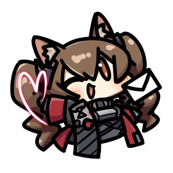 1girl :d angelina_(arknights) animal_ear_fluff animal_ears arknights arknights:_endfield blush breasts brown_hair chibi cropped_torso double-parted_bangs drawn_heart dress fox_ears fox_girl gilberta_(arknights) grey_dress heart high_collar impossible_clothes impossible_dress jacket kagami_kino letter long_hair long_sleeves no_nose one_eye_closed open_clothes open_jacket open_mouth orange_eyes outline red_jacket small_breasts smile solo transparent_background twintails upper_body white_outline