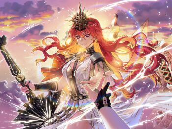 2girls ancient_greek_clothes arm_armor armor augusta_(wuthering_waves) black_collar black_gloves breastplate breasts chromatic_aberration cleavage collar collarbone commentary_request dress earrings female_pov female_rover_(wuthering_waves) fingernails gloves greatsword greco-roman_clothes hair_between_eyes hair_spread_out headgear holding holding_sword holding_weapon jewelry large_breasts long_hair looking_at_viewer mochiru119 multiple_girls offering_hand orange_hair parted_lips partially_fingerless_gloves pov pov_hands reaching reaching_towards_another red_eyes rover_(wuthering_waves) smile solo_focus sun_earrings sun_necklace sword tacet_mark_(wuthering_waves) wavy_hair weapon white_dress wuthering_waves