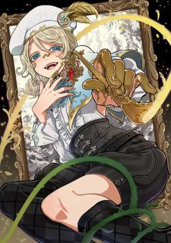 1boy :d argyle_clothes argyle_pantyhose argyle_socks asymmetrical_legwear beret black_corset black_shorts blonde_hair blue_bow blue_bowtie blue_eyes bow bowtie colored_eyelashes corset drill_hair drill_ponytail edgar_valden edgar_valden_(golden_ratio) feet_out_of_frame finger_to_own_chin floral_print frilled_shirt frilled_sleeves frills gem gold_trim gradient_capelet half_capelet hat hat_feather holding holding_paintbrush identity_v liquid_gold looking_at_viewer male_focus open_mouth paint_splatter paintbrush picture_frame plant puffy_shorts puffy_sleeves reaching reaching_towards_viewer red_gemstone satou_saori shirt shorts single_leg_pantyhose smile socks solo striped_clothes striped_shorts trap uneven_legwear vertical-striped_clothes vertical-striped_shorts vines white_shirt