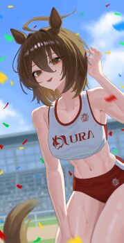 1girl absurdres agnes_tachyon_(umamusume) ahoge animal_ears bare_arms blue_sky breasts brown_tail buruma cloud cloudy_sky commentary_request confetti day dolgom hair_between_eyes hair_intakes highres horse_ears horse_girl horse_racing_track horse_tail huge_ahoge long_hair_between_eyes looking_at_viewer medium_breasts medium_hair midriff navel open_mouth red_buruma sky smile solo sports_bra stomach sweat tail thighs umamusume white_sports_bra