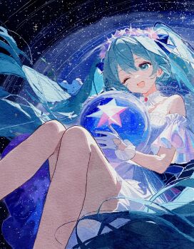 Rule 34 | 1girl, ;d, alternate costume, aqua eyes, aqua hair, bare legs, blue ribbon, brooch, choker, colorful, detached sleeves, dress, feet out of frame, floating hair, frilled choker, frills, full body, galaxy, hair between eyes, hatsune miku, highres, holding, holding orb, jewelry, long hair, off shoulder, one eye closed, open mouth, orb, puffy sleeves, ribbon, short sleeves, smile, solo, space, star (sky), star (symbol), teeth, thighs, tongue, twintails, upper teeth only, very long hair, vocaloid, white choker, white dress, wide sleeves, yozoramu