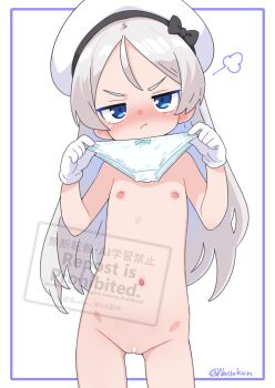 1girl :t artist_name bar_censor beret blue_eyes blue_panties blush bow bow_panties censored closed_mouth commentary_request flat_chest gloves grey_hair groin hands_up hat holding holding_panties holding_underwear holding_unworn_clothes javelin_(kancolle) jitome kantai_collection loli long_hair looking_at_viewer nassukun navel nipples nude paid_reward_available panties pout signature simple_background solo underwear watermark white_background white_gloves white_hat