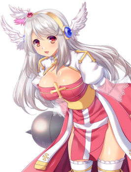 Rule 34 | 1girl, arch bishop (ragnarok online), breasts, cleavage, cleavage cutout, clothing cutout, commentary request, commission, cowboy shot, cross, dress, feathered wings, frilled thighhighs, frills, grey hair, grey wings, hairband, head wings, holding, holding behind back, holding mace, holding weapon, juliet sleeves, large breasts, leaning forward, long hair, long sleeves, looking at viewer, mace, masaya ichika, open mouth, puffy sleeves, ragnarok online, red dress, red eyes, sash, simple background, skeb commission, smile, solo, thighhighs, two-tone dress, weapon, white background, white dress, white thighhighs, wings, yellow hairband, yellow sash