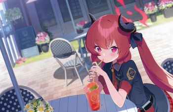1girl belt black_ribbon black_shirt blue_archive blurry blurry_background blush bouquet brick_floor building cafe chair collared_shirt cup day demon_horns depth_of_field disposable_cup doremi_(doremi4704) drink drinking_straw drinking_straw_in_mouth dutch_angle flower flower_pot game_asset grapefruit hair_between_eyes hair_ribbon halo highres horns juice junko_(blue_archive) long_hair looking_at_viewer non-web_source official_art outdoors patch pink_eyes plant pointy_ears red_hair red_halo ribbon self-datamine shirt short_sleeves sitting solo table twintails upper_body very_long_hair