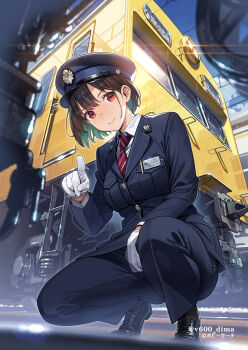 1girl black_hair black_hat black_pants black_socks colored_inner_hair commentary_request dress_shoes gloves green_hair hat highres looking_at_viewer multicolored_hair necktie original pants red_eyes red_necktie shirt short_hair socks solo striped_clothes striped_necktie train train_attendant travel_attendant vania600 white_gloves white_shirt