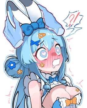 !? 1girl absurdres animal_ears arahashi_tabi armpit_crease blue_bow blue_bowtie blue_eyes blue_hair blue_outline blush bow bowtie breasts bright_pupils cleavage commentary commentary_request disembodied_hand drooling english_commentary full-face_blush hair_bun hair_ornament hairclip heart heart-shaped_pupils highres korean_commentary large_breasts leotard long_hair mixed-language_commentary open_mouth orange_bow outline playboy_bunny purple_eyes shrug_(clothing) simple_background sleeveless_shrug solo speech_bubble spoken_interrobang stellive strapless strapless_leotard sugar_stell symbol-shaped_pupils uncommon_stimulation upper_body virtual_youtuber white_background white_pupils white_shrug x_hair_ornament
