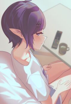 1girl absurdres blue_eyes bolu06 closed_mouth controller cup highres hololive hololive_english mole mole_under_eye mug ninomae_ina'nis ninomae_ina'nis_(loungewear) pointy_ears purple_hair remote_control shirt sitting solo table tentacle_hair virtual_youtuber white_shirt