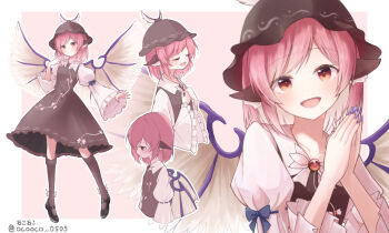 1girl animal_ears artist_name bird_ears black_shoes blush brown_dress brown_eyes brown_hat brown_socks closed_eyes commentary_request dress fingernails frilled_sleeves frills hat highres kneehighs long_fingernails long_sleeves looking_at_viewer mary_janes multiple_expressions multiple_views mystia_lorelei ocooco open_mouth own_hands_together palms_together pink_hair purple_nails sharp_fingernails shoes smile socks tearing_up tears touhou twitter_username wide_sleeves winged_hat wings