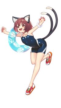 Rule 34 | 1girl, :d, \o/, animal ear fluff, animal ear piercing, animal ears, arms up, bare arms, bare legs, bare shoulders, bent over, black one-piece swimsuit, brown eyes, brown hair, cat ears, cat tail, chen, claw pose, collarbone, commentary request, double-parted bangs, earrings, fang, flat chest, full body, hair between eyes, happy, hataraki kuma, highres, innertube, jewelry, leaf print, leaning forward, looking at viewer, multiple tails, nail polish, nekomata, no headwear, no socks, one-piece swimsuit, open mouth, outstretched arms, paw print, red nails, shoes, single earring, smile, sneakers, solo, standing, standing on one leg, swim ring, swimsuit, tail, touhou, transparent background, two tails, v-shaped eyebrows