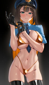 1girl adjusting_clothes adjusting_gloves between_breasts bikini black_background black_gloves black_thighhighs blue_hat blue_necktie blue_shirt breasts brown_hair character_request colored_inner_hair commentary commission copyright_request deras english_commentary gloves gluteal_fold gold_bikini gradient_background green_eyes hat highres large_breasts looking_at_viewer micro_bikini multicolored_hair navel necktie necktie_between_breasts orange_hair parted_lips police police_hat police_uniform policewoman shirt short_sleeves shrug_(clothing) solo standing swimsuit thighhighs thighs two-tone_hair vgen_commission