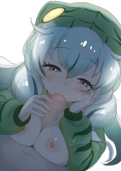 1boy 1girl absurdres blush boomslang_(kemono_friends) breasts breasts_squeezed_together censored commentary fellatio green_hair green_hoodie hair_between_eyes half-closed_eyes hetero highres hood hood_up hoodie kemono_friends kemono_friends_3 large_breasts long_hair long_sleeves looking_at_viewer masuyama_ryou mosaic_censoring nipples oral paizuri paizuri_under_clothes penis pov pov_crotch print_hoodie snake_girl snake_hood snake_print solo_focus stray_pubic_hair