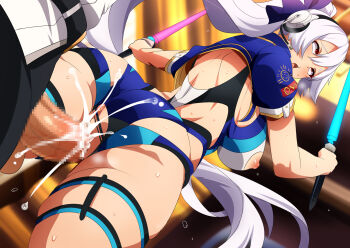 1boy 1girl anus ass blue_bow blue_jacket blue_one-piece_swimsuit blush bow breasts censored commentary cum dual_wielding ejaculation energy_sword fate/grand_order fate_(series) fujimaru_ritsuka_(male) hair_between_eyes hair_bow headphones highleg highleg_one-piece_swimsuit highres holding jacket large_breasts long_hair looking_at_viewer looking_back magukappu mosaic_censoring nipples one-piece_swimsuit open_mouth penis ponytail red_eyes sex short_sleeves smile swimsuit sword thighs tomoe_gozen_(fate) tomoe_gozen_(swimsuit_saber)_(fate) tomoe_gozen_(swimsuit_saber)_(first_ascension)_(fate) two-tone_swimsuit vaginal weapon white_hair white_one-piece_swimsuit