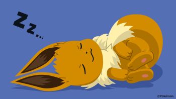 :3 animal_focus artist_request blue_background closed_eyes closed_mouth commentary_request copyright_name copyright_notice eevee flat_color full_body gen_1_pokemon highres lying nintendo no_humans official_art on_side pokemon pokemon_(creature) pokemon_focus second-party_source shadow sleeping smile solo zzz