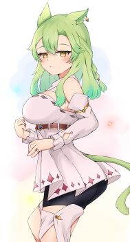 1girl animal_ears bare_shoulders bike_shorts black_shorts blush braid breasts brown_eyes cat_ears cat_girl cat_tail closed_mouth commentary_request detached_sleeves dress from_side green_hair grey_dress grey_sleeves hair_between_eyes highres large_breasts long_hair long_sleeves nyaha original pleated_dress puffy_long_sleeves puffy_sleeves shorts shorts_under_dress sleeveless sleeveless_dress solo tail