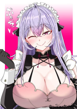 1girl ahoge arm_up black_dress black_gloves blush bra_over_clothes breasts chinese_clothes cleavage colored_bangs commentary_request criss-cross_straps detached_sleeves dress earrings framed_cleavage frilled_headwear gloves gradient_eyes hair_between_eyes highres huge_breasts jewelry kozue_mone kozue_mone_(maid) long_hair looking_at_viewer maid maid_headdress multicolored_eyes nijisanji one_eye_closed pink_background pink_eyes puritan_collar purple_hair qi_maid sei_no_ji smile solo twitter_username virtual_youtuber