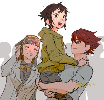1girl 2boys black_hair brother_and_sister brown_hair closed_eyes crowd digimon digimon_story:_time_stranger grey_hair grey_shirt group_picture highres hood hoodie jacket long_hair misono_inori misono_yuuta multiple_boys o_kura_o open_mouth parted_lips shirt short_hair siblings smile white_background white_jacket white_shirt yellow_hoodie yuuki_dan