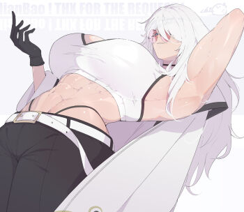 1girl abs belt belt_buckle black_choker black_gloves black_panties black_pants blue_eyes breasts buckle choker commission glasses gloves hair_over_one_eye large_breasts long_hair looking_at_viewer muscular muscular_female original panties pants panty_straps round_eyewear simple_background skeb_commission solo tank_top ub1mo underwear white_background white_belt white_hair white_tank_top