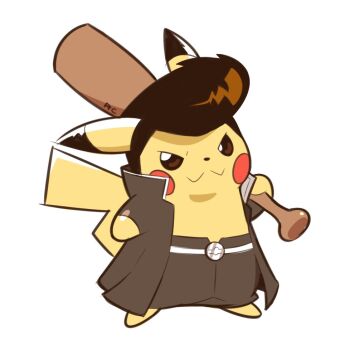 :3 artsy-rc bat_(animal) black_jacket black_pants clothed_pokemon commentary delinquent english_commentary full_body gen_1_pokemon holding_bat jacket nintendo no_humans open_clothes open_jacket over_shoulder pants pikachu pokemon pokemon_(creature) pokemon_focus pompadour signature simple_background smile solo weapon weapon_over_shoulder white_background