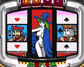 1girl 2boys beard blue_cloak blue_eyes blue_hat bottle breasts brown_hair cloak club_(shape) collarbone colored_skin crown cup diamond_(shape) earrings facial_hair green_hair hat headband heart heart_(card) holding holding_cup honke_sankyou_fever_jikki_simulation honke_sankyou_fever_jikki_simulation_3 jack_(playing_card) jack_of_hearts jewelry king king_(playing_card) king_of_spades large_breasts long_hair looking_at_viewer multiple_boys mumu-chan mustache naked_cloak navel nipples nude open_mouth pachinko pixel_art playing_card pussy red_hat saiwai_hiroshi smile spade_(shape) standing white_hair white_skin witch witch_hat