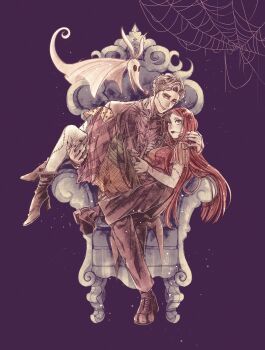 1boy 1girl absurdres colored_skin commentary_request dress formal_clothes highres humanization jack_skellington long_hair long_sleeves mizala open_mouth patchwork_clothes patchwork_skin pinstripe_pattern pinstripe_suit pinstripe_vest red_hair sally_(nbc) smile stitched_arm stitched_face stitches striped_clothes striped_vest suit the_nightmare_before_christmas vertical-striped_clothes vertical-striped_vest vest