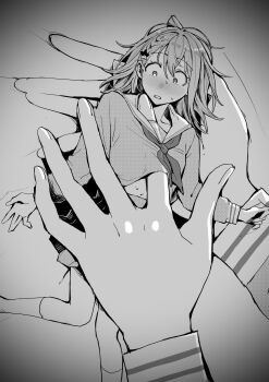 2girls akkgsyk blush braid commentary_request finger_under_clothes greyscale hair_ornament hanasato_minori highres holding holding_mini_person long_sleeves lying medium_hair mini_person minigirl monochrome multiple_girls navel neckerchief on_back pov pov_hands project_sekai sailor_collar school_uniform size_difference skirt socks sweat vignetting yuri