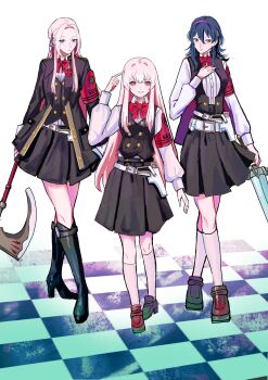 Rule 34 | 3girls, armband, axe, belt, black boots, black jacket, black skirt, black vest, blue hair, boots, bow, bowtie, brown shoes, checkered floor, closed mouth, collared shirt, commentary request, edelgard von hresvelg, female byleth (fire emblem), fire emblem, fire emblem: three houses, full body, gun, hair ribbon, hairband, handgun, height difference, highres, holding, holding axe, holding sword, holding weapon, holster, jacket, knee boots, kneehighs, knees, long hair, long sleeves, looking at viewer, lysithea von ordelia, medium hair, multiple girls, nintendo, pink eyes, ponzuponta39, purple eyes, purple hairband, purple ribbon, red armband, red bow, red bowtie, ribbon, shirt, shoes, skirt, smile, socks, standing, sword, vest, weapon, white belt, white hair, white shirt, white socks