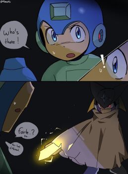 Rule 34 | !, 2boys, android, arm blade, arm cannon, bass.exe (mega man), black helmet, blue bodysuit, blue eyes, blue helmet, bodysuit, brown cloak, cloak, cut-in, drawn weapon, english text, fins, forehead jewel, full body, glowing, glowing eyes, glowing sword, glowing weapon, head fins, helmet, highres, imminent fight, in-franchise crossover, koasku, male focus, mega man (character), mega man (classic), mega man (series), mega man battle network (series), multiple boys, netnavi, open mouth, red eyes, serious, speech bubble, sweatdrop, v-shaped eyebrows, weapon
