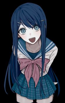 1girl :d aosuke_(02ao_04_) black_background black_thighhighs blue_hair blush bow bowtie cowboy_shot danganronpa:_trigger_happy_havoc danganronpa_(series) grey_eyes hair_ornament hairclip highres long_hair maizono_sayaka miniskirt open_mouth pink_bow pink_bowtie plaid_clothes plaid_skirt pleated_skirt shirt simple_background skirt smile solo teeth thighhighs upper_teeth_only white_shirt zettai_ryouiki