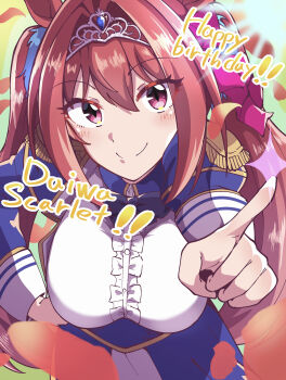 1girl absurdres animal_ears blue_jacket blue_skirt blush breasts brown_hair center_frills character_name closed_mouth commentary_request daiwa_scarlet_(peak_blue)_(umamusume) daiwa_scarlet_(umamusume) epaulettes frills hair_between_eyes hair_intakes hand_on_own_hip happy_birthday highres horse_ears jacket juliet_sleeves kuramari_(godbaan) large_breasts long_hair long_sleeves looking_at_viewer petals pleated_skirt puffy_sleeves red_eyes shirt skirt smile solo tiara twintails umamusume very_long_hair white_shirt