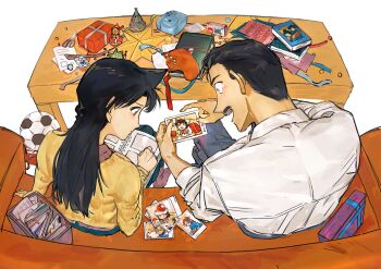 Rule 34 | 1boy, 1girl, ball, black hair, book, brown eyes, brown sweater, camera, christmas stocking, christmas tree, commentary, couch, facial hair, father and daughter, from behind, highres, long hair, meitantei conan, mercuryxun, mouri kogoro, mouri ran, mustache, open mouth, photo album, scissors, shirt, short hair, soccer ball, star (symbol), sweater, symbol-only commentary, table, white shirt