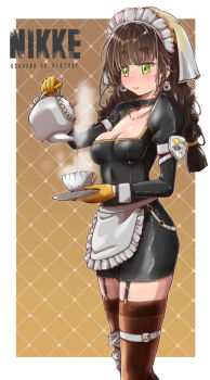 Rule 34 | 1girl, apron, barista, blush, braid, breasts, brown hair, chime (nikke), cleavage, cowgirl position, cup, dress, garter straps, gloves, goddess of victory: nikke, green eyes, highres, holding, holding cup, holding teapot, holding tray, maid, maid headdress, margherita832, medium breasts, pouring, solo, straddling, tea, teacup, teapot, thighhighs, tray, twin braids