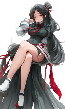 1girl absurdres bare_legs black_dress black_hair black_shoes breasts covered_navel crossed_legs dress grin highres impossible_clothes impossible_dress large_breasts leg_tattoo long_hair long_sleeves looking_at_viewer muhae_(dcnh8882) original parted_bangs red_eyes shoes simple_background sitting smile socks solo tattoo thighs very_long_hair waist_cape white_background white_socks