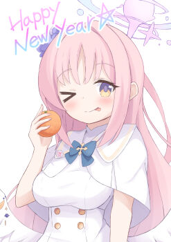 >_o 1girl angel_wings blue_archive blue_bow blush bow breasts buttons closed_mouth commentary_request dress feathered_wings flower food fruit hair_bun hair_flower hair_ornament halo happy_new_year high-waist_skirt highres holding holding_food holding_fruit long_hair looking_at_viewer low_wings medium_breasts mika_(blue_archive) new_year one_eye_closed pink_hair pink_halo simple_background single_hair_bun single_side_bun skirt smile solo tongue tongue_out upper_body very_long_hair white_background white_dress white_wings wings yellow_eyes yuki_(user_tjvn3757)